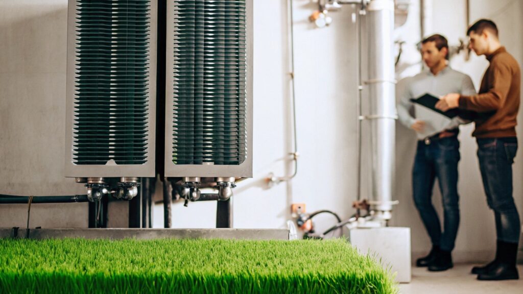 Moderne Heiztechnik mit grünem Pflanzenträger im Vordergrund. Ein Symbolbild für die Effizienz und Umweltfreundlichkeit nachhaltiger Heizlösungen in Gebäuden.