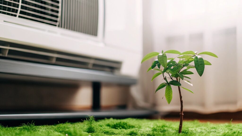 Nahaufnahme einer Raumlufttechnik-Anlage mit grünem Pflanzentrieb – Symbol für energieeffiziente und umweltbewusste Lüftungslösungen in Gebäuden.