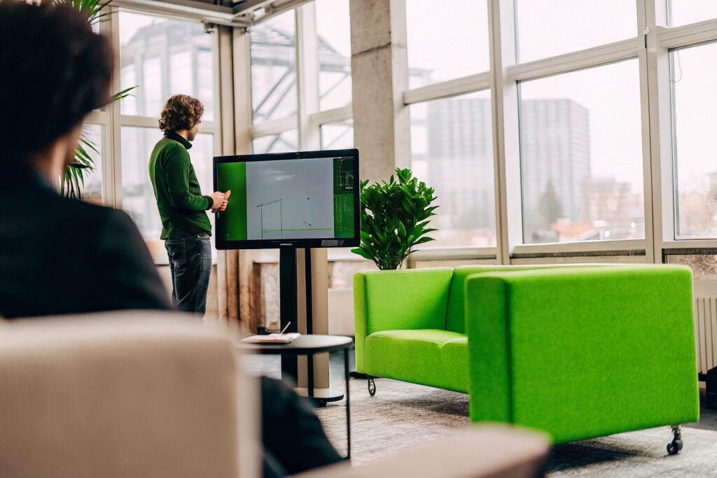 Chef einer Firma präsentiert moderne Messtechnik auf einem Bildschirm in einem lichtdurchfluteten Büro – digitale Lösungen zur technischen Gebäudeüberwachung.