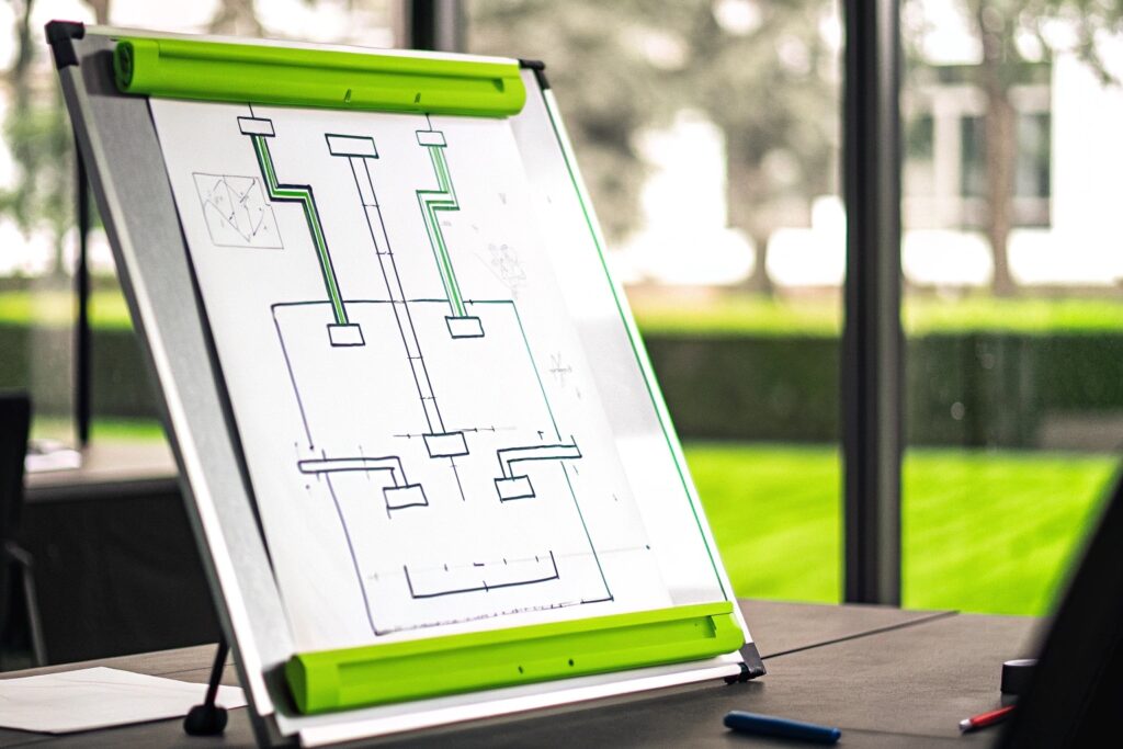 Technisches Flussdiagramm auf einem Flipchart, das das Konzept einer Wärmerückgewinnungsanlage darstellt. Die Zeichnung visualisiert Luft- oder Energieleitungen und Prozesse zur Rückgewinnung und Umverteilung von Wärme in Gebäuden.