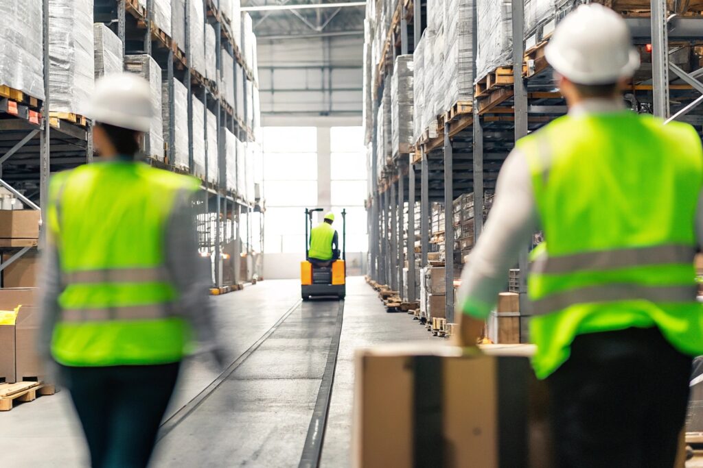 Mitarbeitende in Schutzwesten und Helmen arbeiten in einem großen Lager mit hohen Regalen. Die Szene unterstreicht die Bedeutung gut belüfteter Arbeitsumgebungen für Sicherheit, Produktivität und Luftqualität.