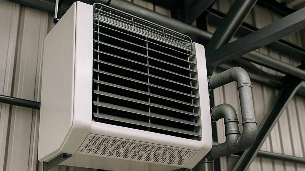 Nahaufnahme eines Heizkörperlüfters in einem Industriegebäude zeigt konventionelle Heiztechnik im Vergleich zu modernen Flächenheizsystemen.