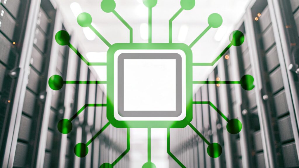Symbol eines Mikroprozessors in grüner Darstellung über einem Serverraum, als Metapher für digitale Steuerung und SPS-Programmierung.