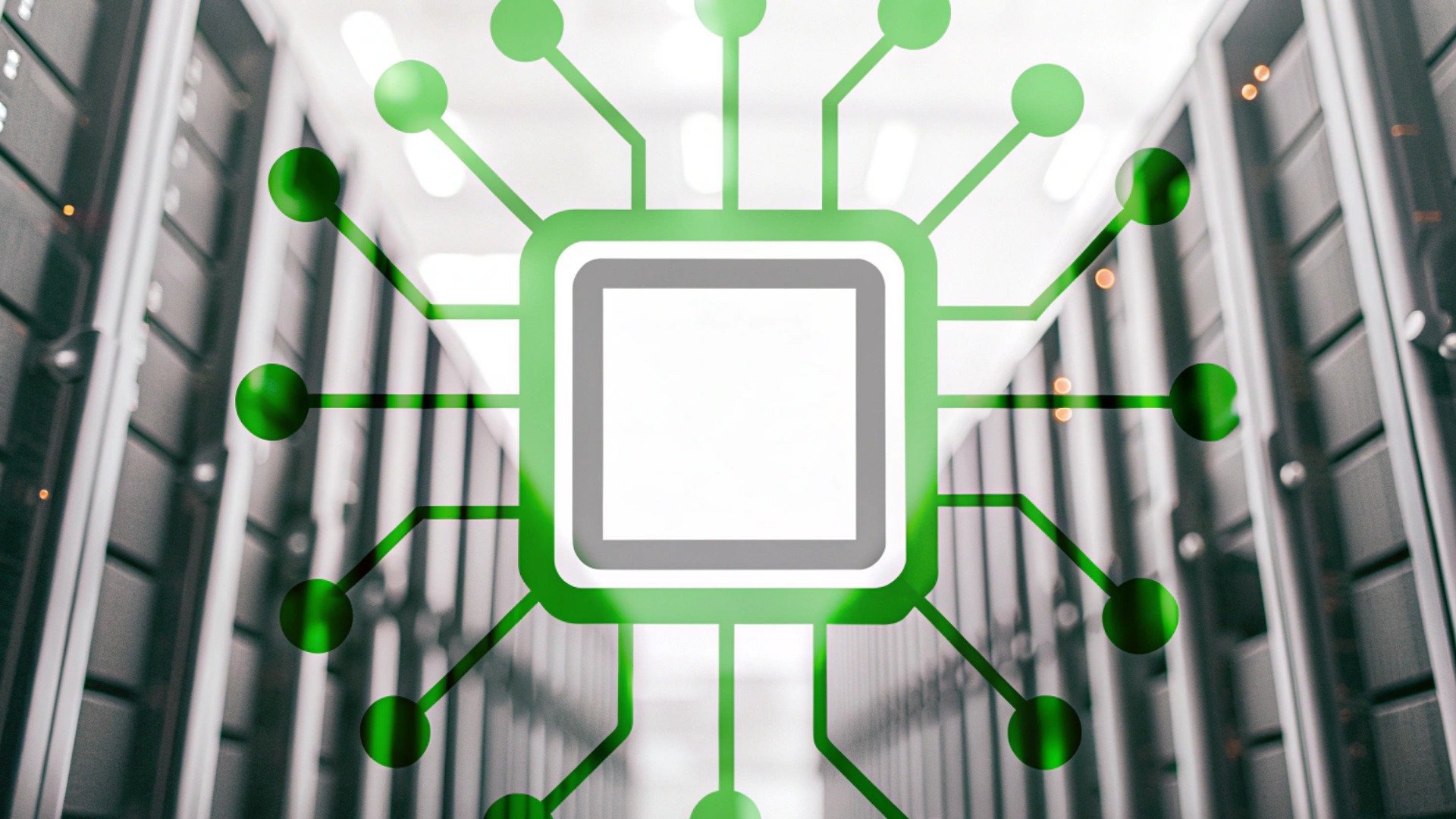 Symbol eines Mikroprozessors in grüner Darstellung über einem Serverraum, als Metapher für digitale Steuerung und SPS-Programmierung.