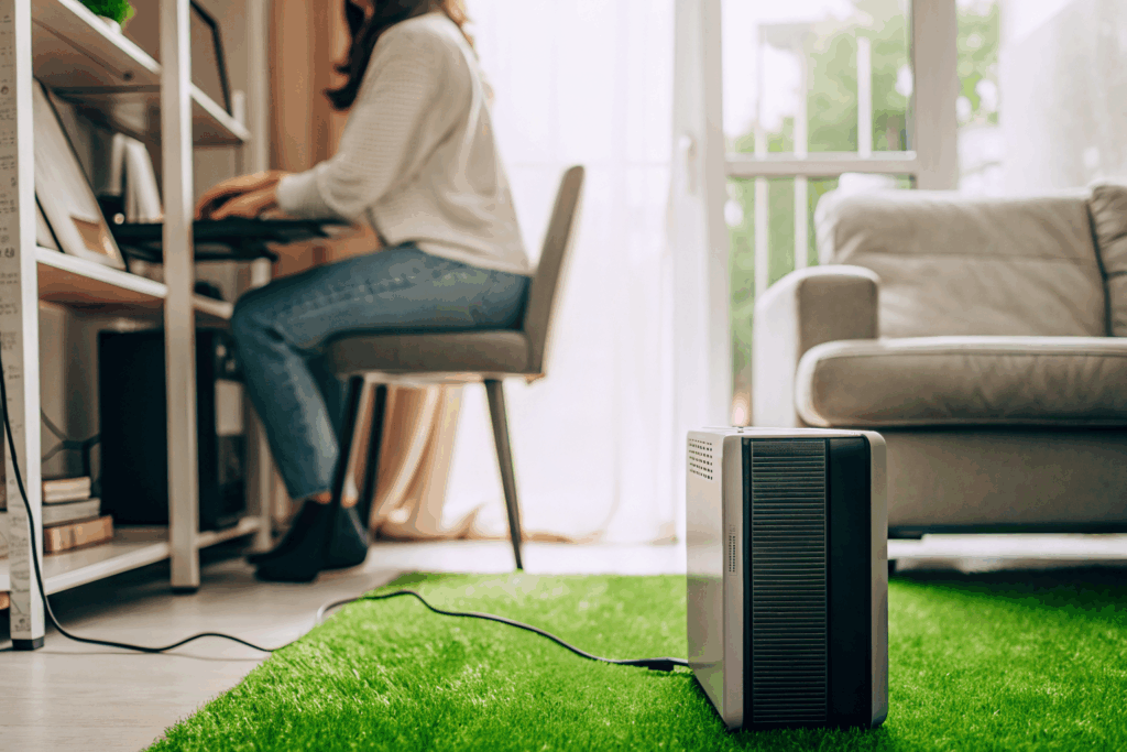 Sonniger Arbeitsplatz im Homeoffice mit Computer und USV-Anlage – Symbol für sichere Stromversorgung und Schutz vor Datenverlust.