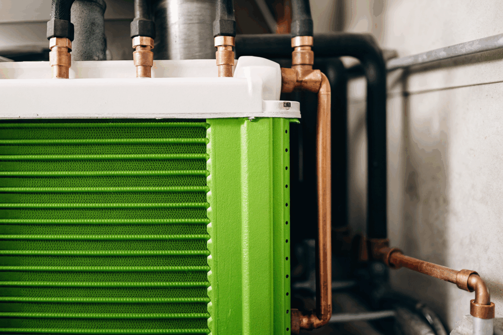 Nahaufnahme eines modernen Wärmetauschers mit grünem Gehäuse und Kupferrohren – sichtbar sind Kühlrippen und Rohrleitungen, die den Wärmeübertragungsprozess veranschaulichen.