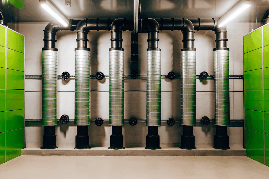 Sechs vertikale Lüftungsrohre mit schwarzem Leitungssystem in einem Technikraum, flankiert von grünen Wandverkleidungen. Sie sind Teil eines modernen Versorgungstechniksystems.