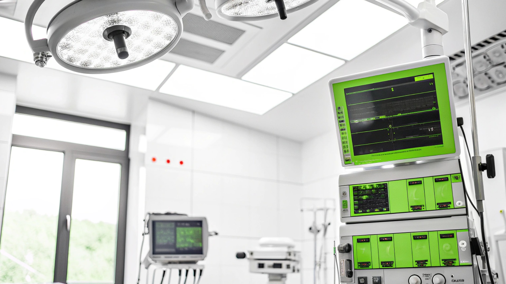Modern ausgestatteter OP-Saal in einem Krankenhaus mit medizinischen Monitoren, Deckenleuchten und sichtbar integrierter Gebäudetechnik.