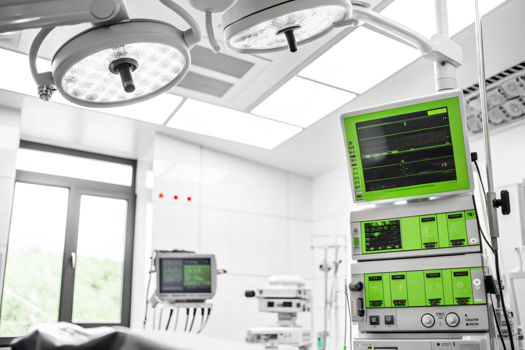 Modern ausgestatteter OP-Saal in einem Krankenhaus mit medizinischen Monitoren, Deckenleuchten und sichtbar integrierter Gebäudetechnik.