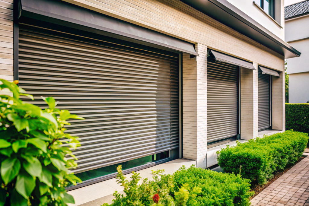Ansicht eines Gebäudes mit Fokus auf drei Fenster mit geschlossenen Rollladen. Davor sind grüne Büsche zu sehen. Sinnbild für Rollladensteueurung im Smart Home.